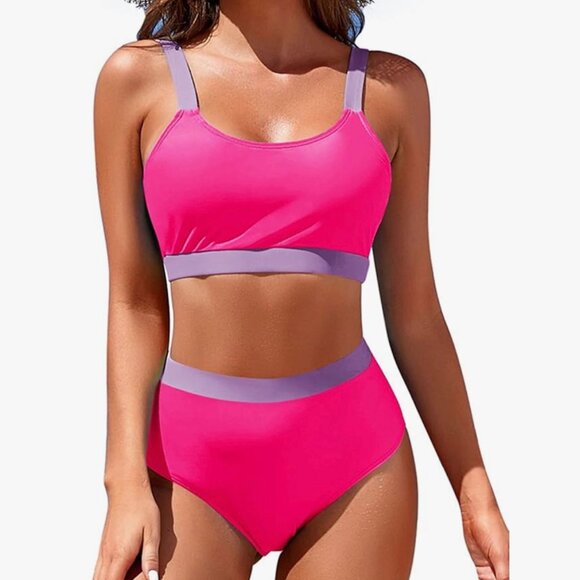 Bikini Set Two Piece High Waisted Scoop Neck Swimsuit Plus Size Pink Purple NEW - Picture 9 of 12